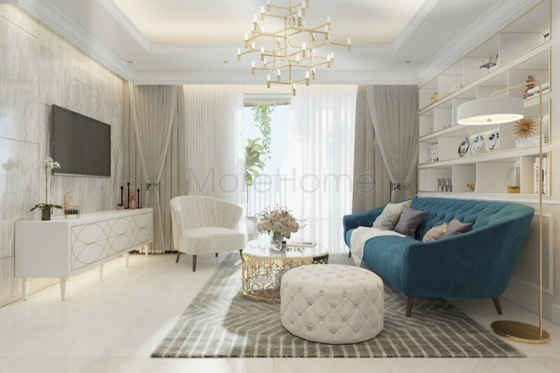 Bộ sofa đẹp bọc nỉ màu xanh ấn tượng được coi là điểm nhấn sang trọng, tạo sự tươi mới cho không gian phòng khách của gia chủ Thiết kế chung cư